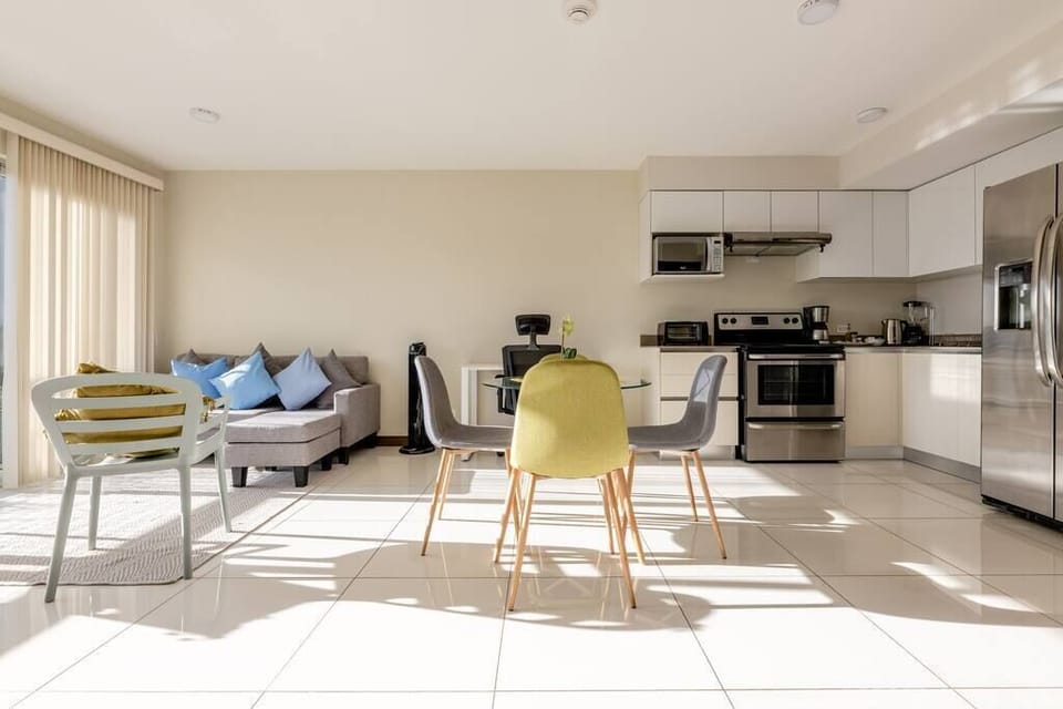 Living room, dining room and kitchen
