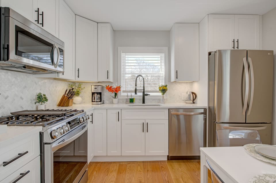 Fully stocked kitchen with brand new appliances.