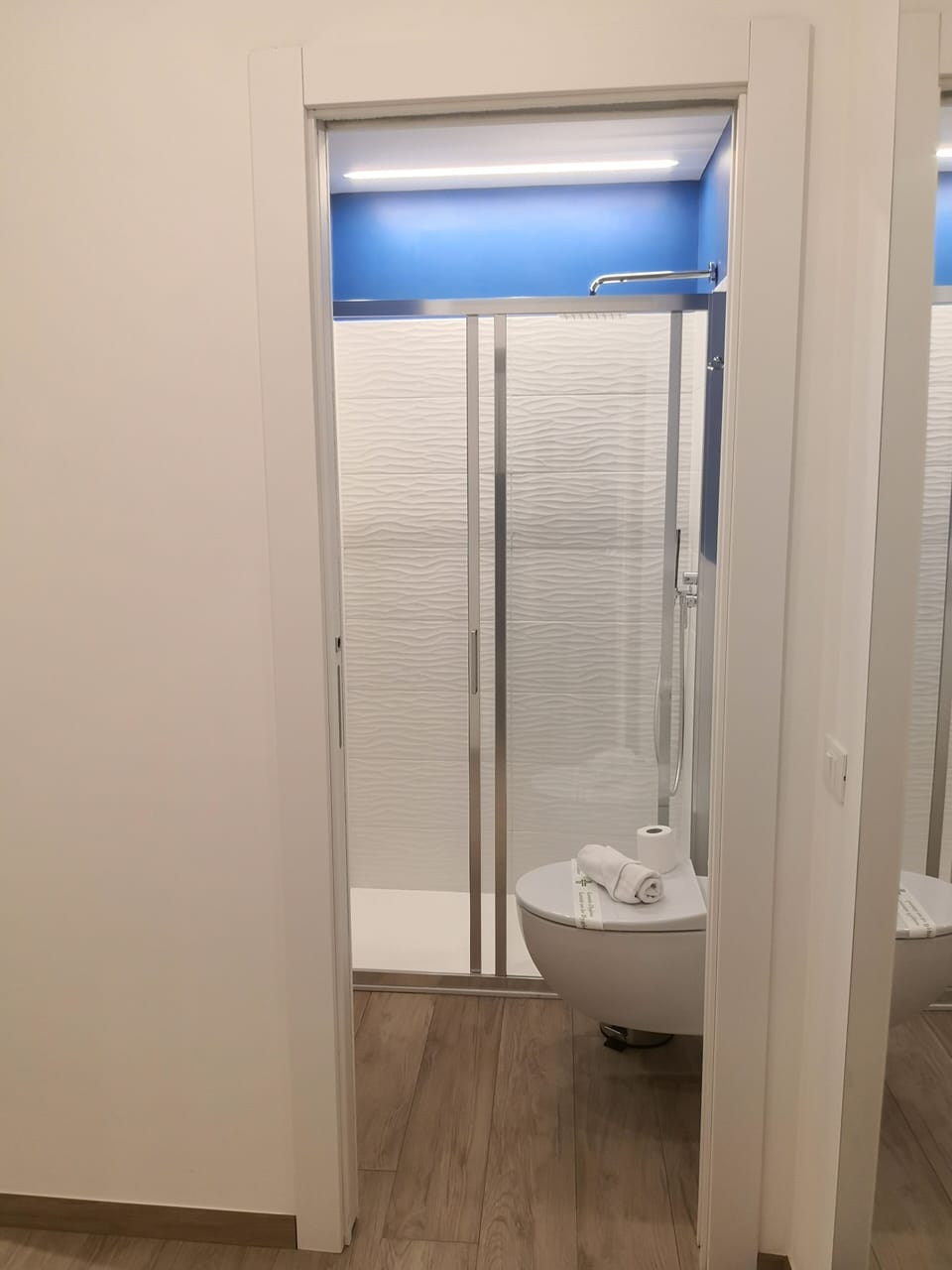 Shower, rainfall showerhead, free toiletries, hair dryer