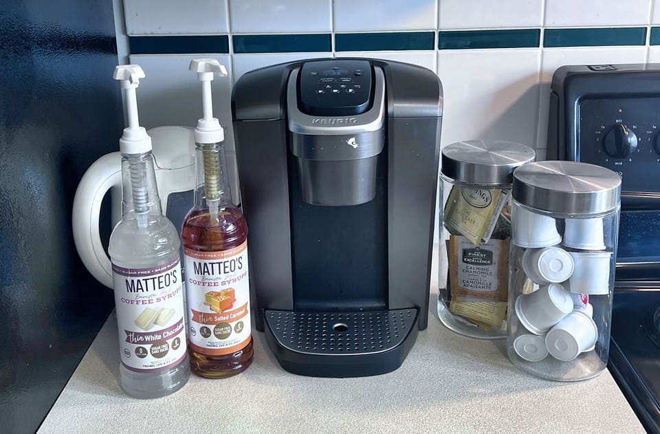 Keurig coffee with coffee pods and syrups for your use.