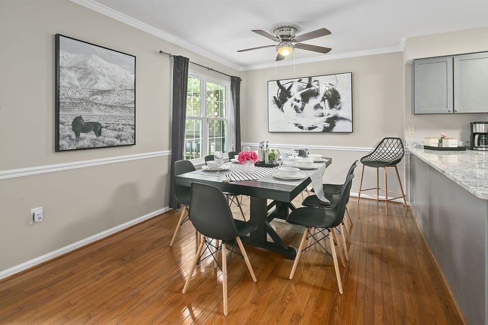Formal dining table comfortably sits eight