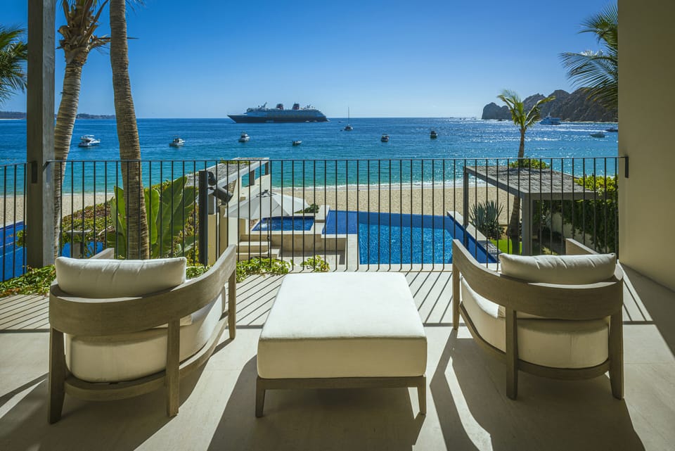 Private bedroom balcony with ocean views toward Land's End at Villa Marena in Hacienda Beach, Cabo San Lucas.