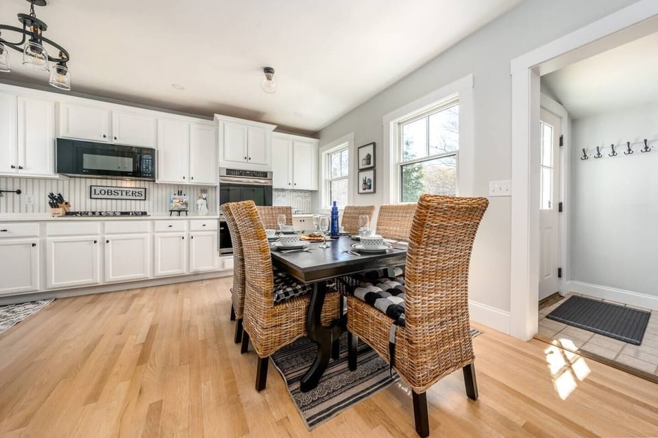 This fully stocked kitchen has everything you need to cook at home. You'll see the back door connects right off the kitchen if you'd prefer to grill on a nice summer evening.