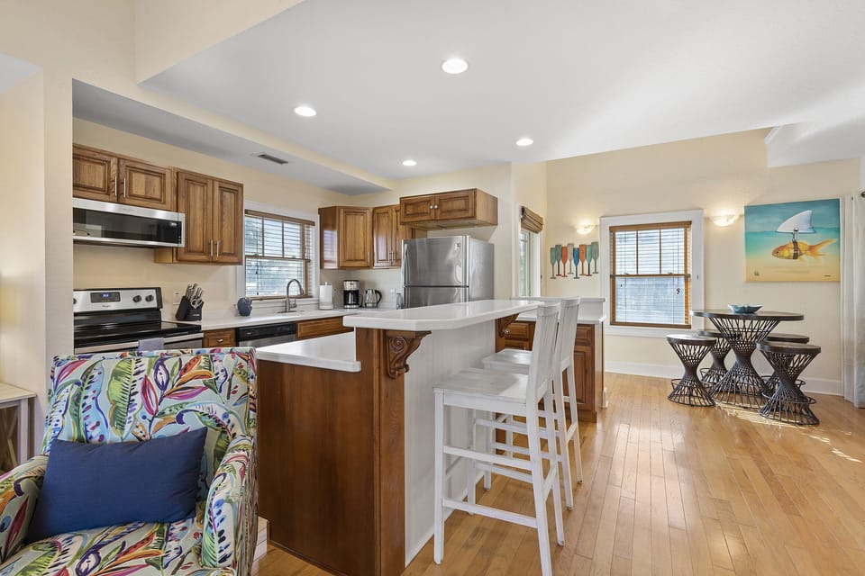 Open layout flows to dining area