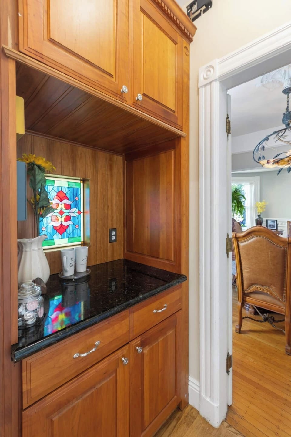 Butler's pantry serves as the central coffee station. It is stocked with gourmet coffee and teas. What a great way to start the day!