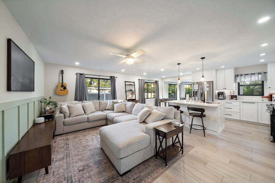 The comfy Article sofa is great for lounging and the egg chairs in the living room make great additional seating spaces.