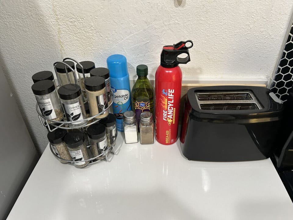 Spices, toaster and fie extinguisher