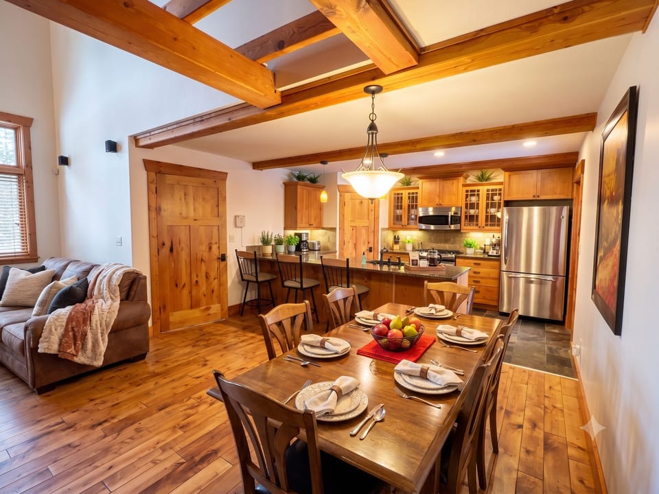 Open plan living at its best. Dining Table for family/group dining, high-end kitchen with modern appliances to make it easy to feed the crew or just hang out and have some family time.s best.