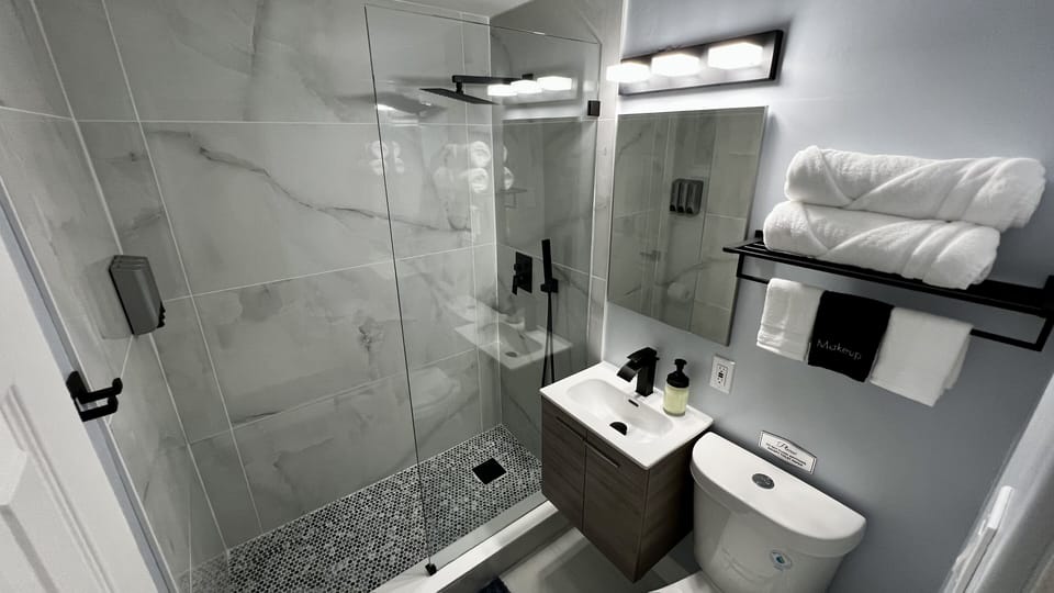 Modern spacious shower with rain shower overhead and Handheld Sprayer
