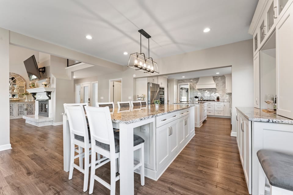Fully stocked kitchen to prep all your group meals with island and wine fridge.