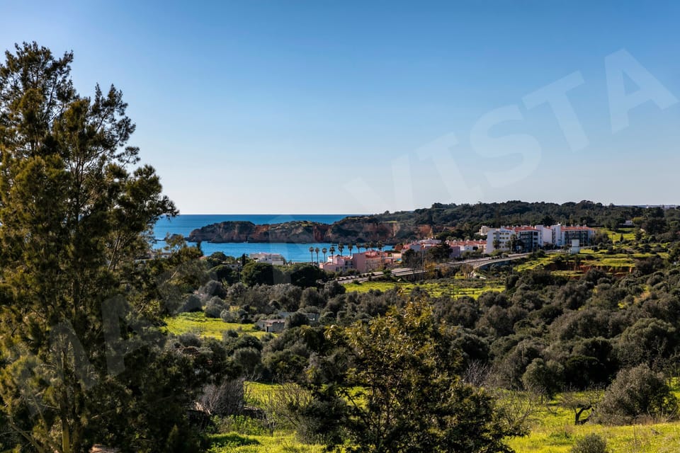Beautiful sea and town views from Apartment Mar a Vista, looking through lush green trees towards the sparkling Algarve coastline and charming local town, highlighting the desirable location of this holiday apartment