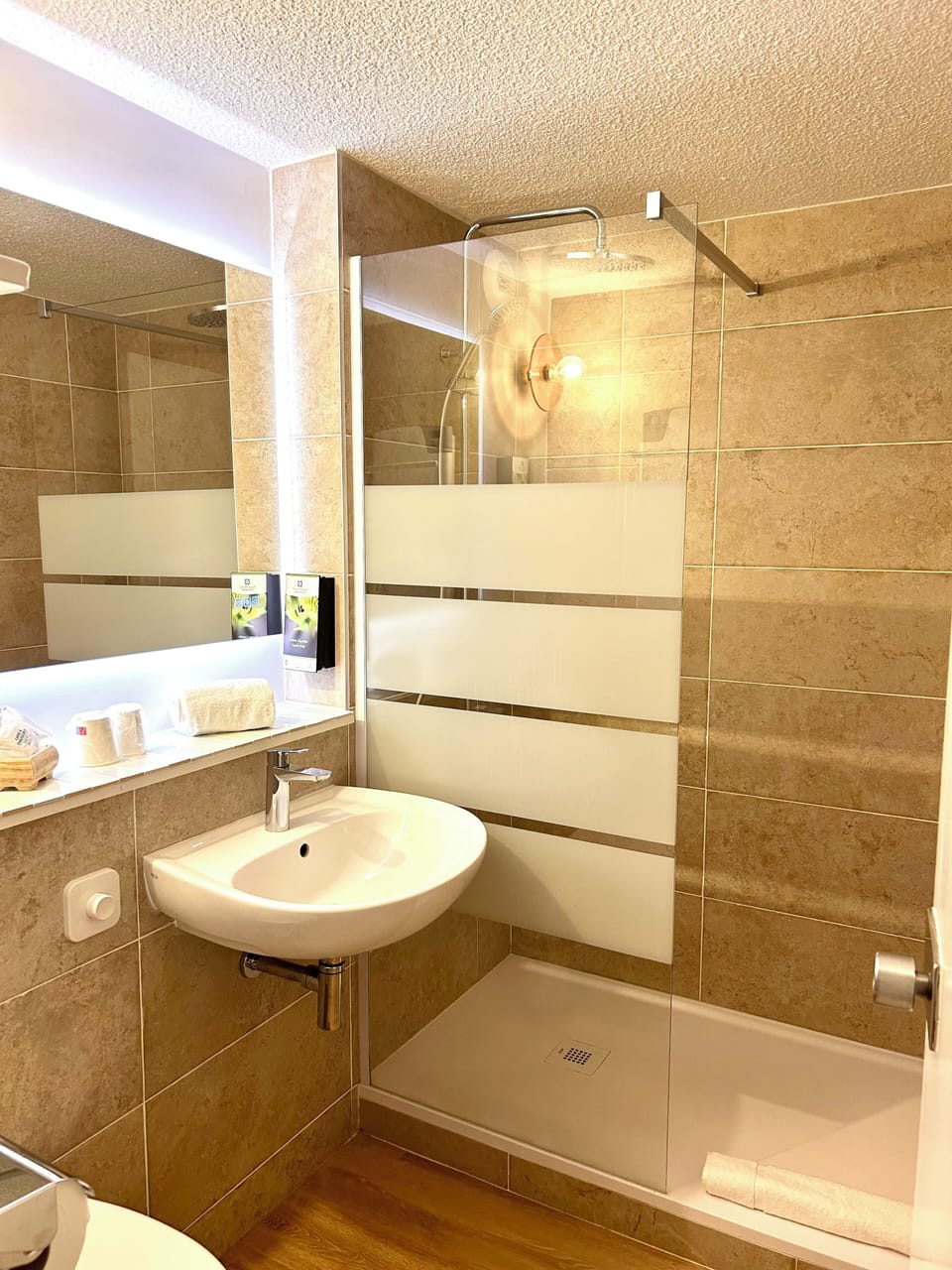 Shower, hair dryer, towels