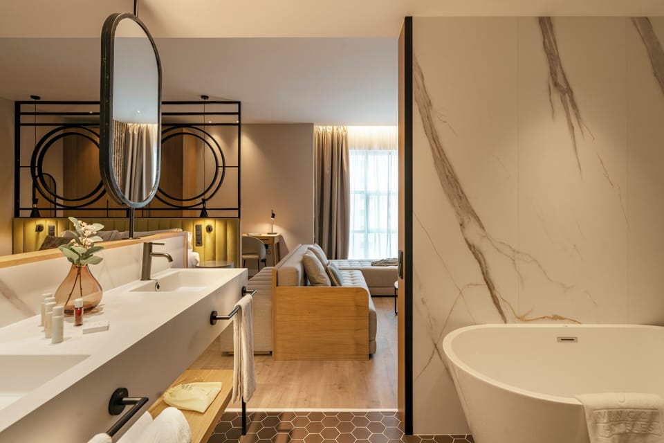 Eco-friendly toiletries, hair dryer, towels