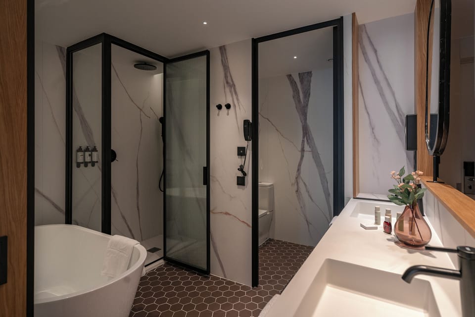 Eco-friendly toiletries, hair dryer, towels