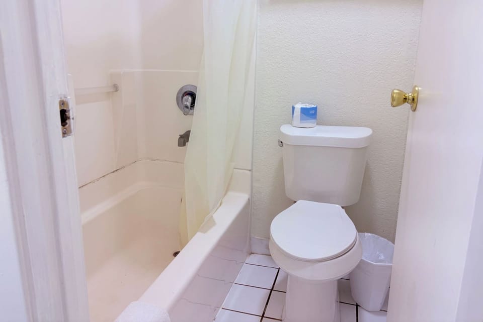 Combined shower/tub, free toiletries, towels, soap