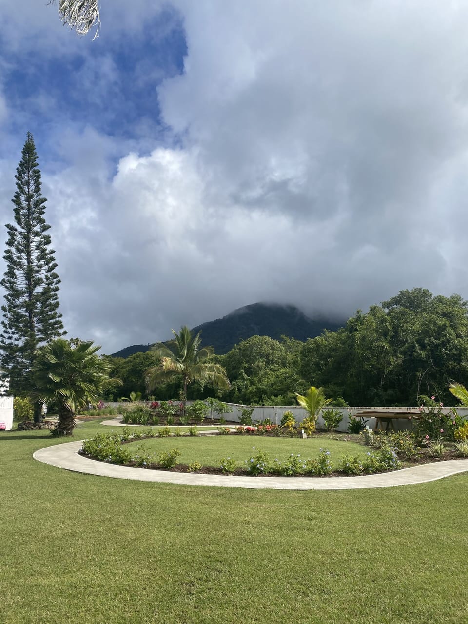 Walking path with views of gardens and Nevis Peak