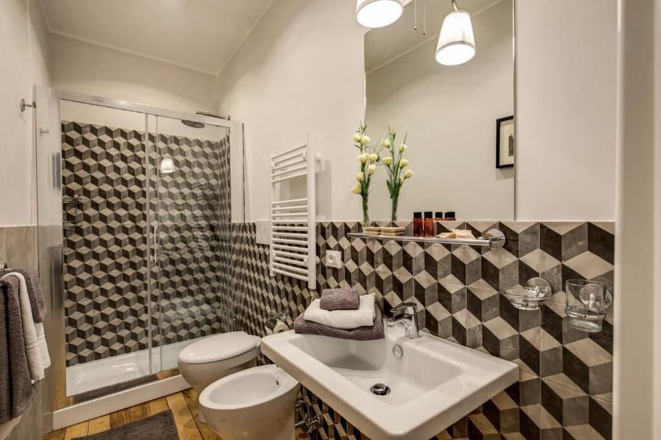 Shower, rainfall showerhead, hair dryer, slippers