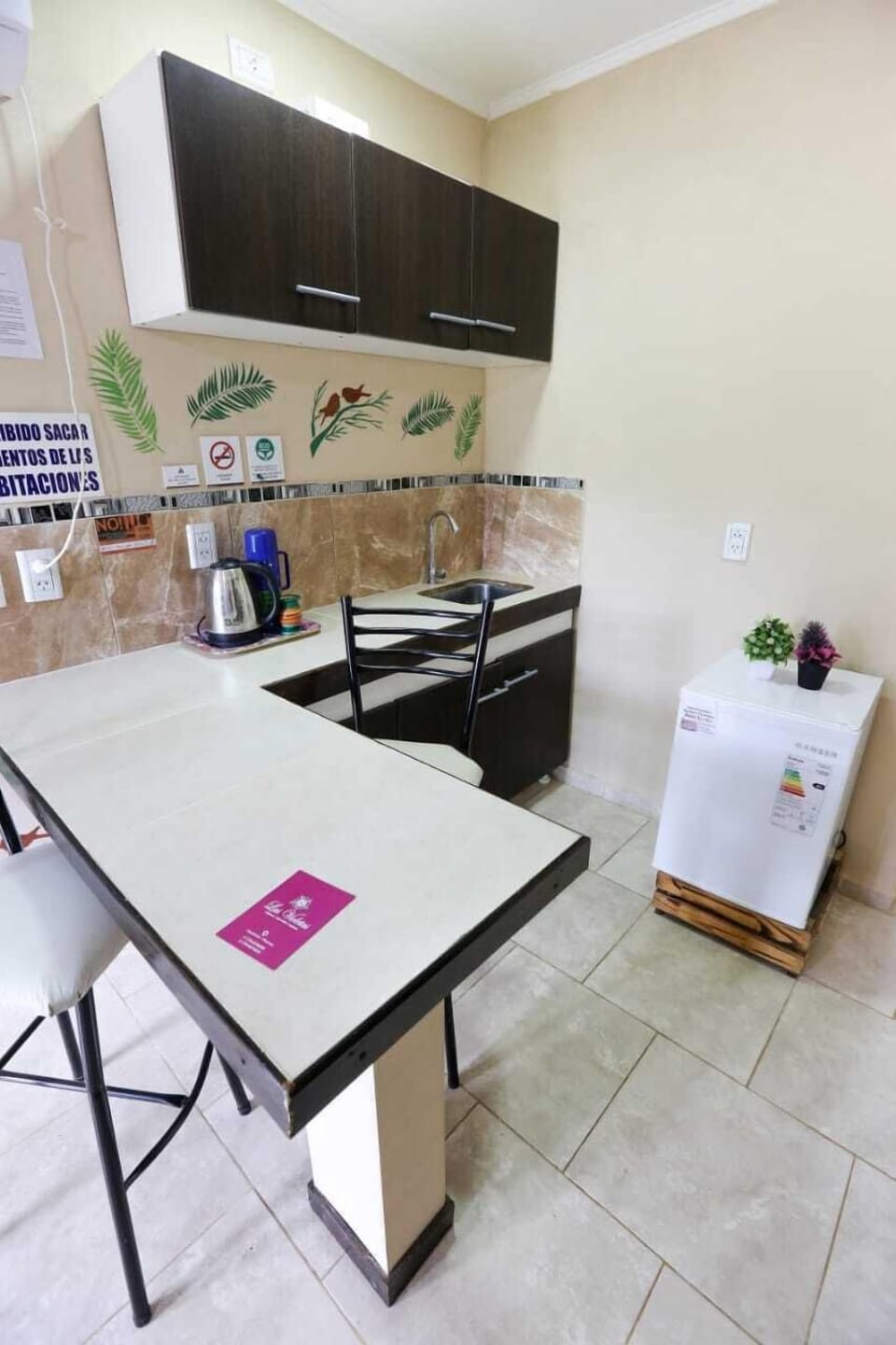 Mini-fridge, cookware/dishes/utensils