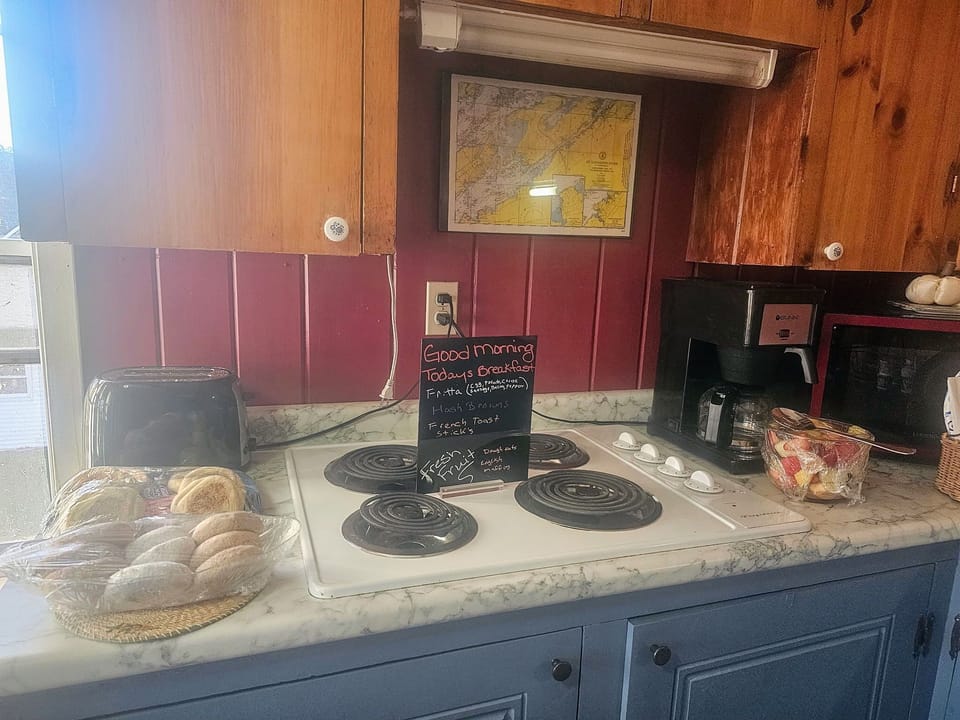 Shared fridge, microwave, dining tables