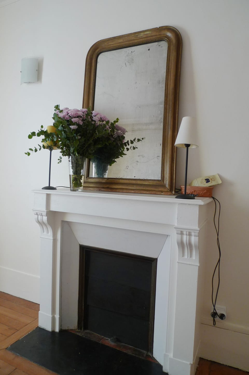 The apt also has a nicely decorated fire place