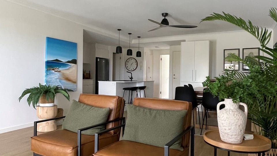Living area and kitchen. 