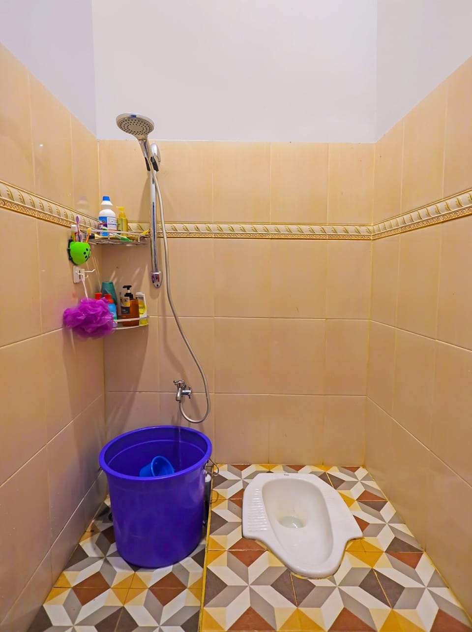 Shower, rainfall showerhead, towels, toilet paper