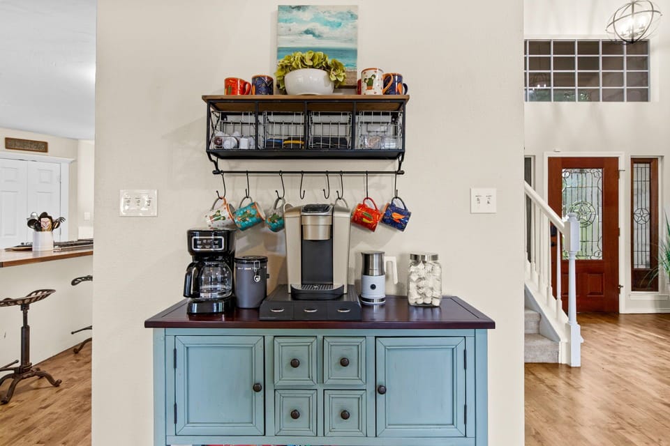 Coffee bar that has both a 12-cup drip and single serve K-cup as well as a frother. K-cups, coffee ground and tea is available.