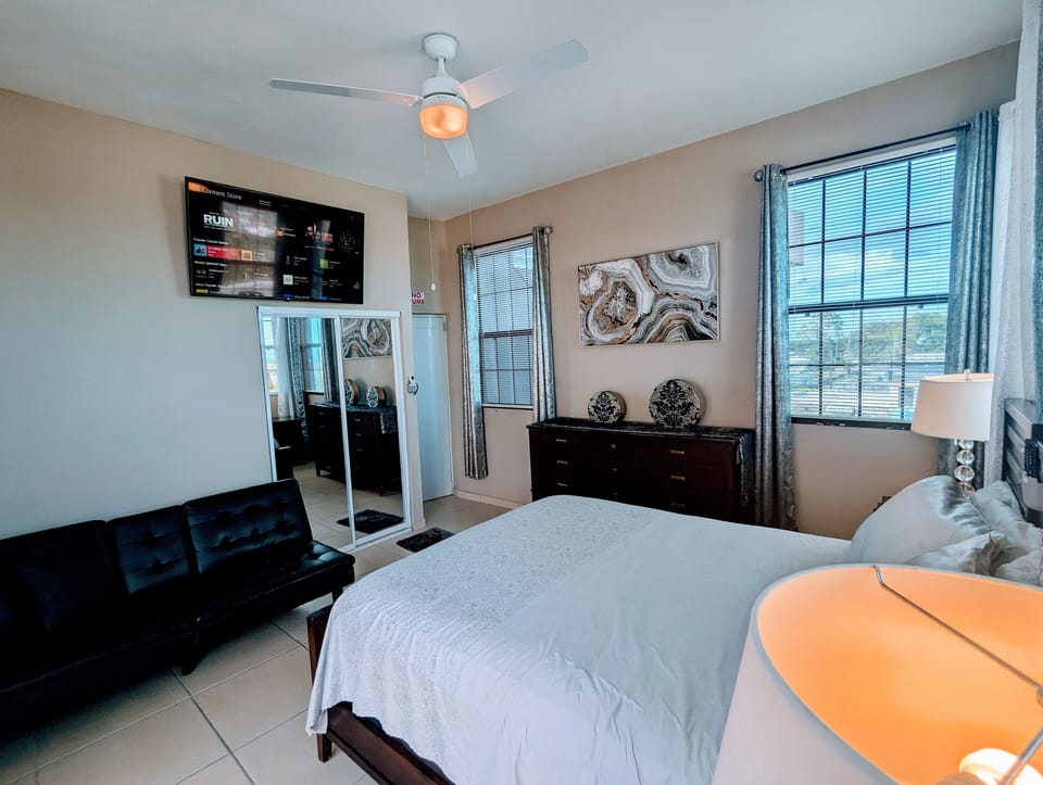 step-free room queen bed and futon sofa with access to the pool area.