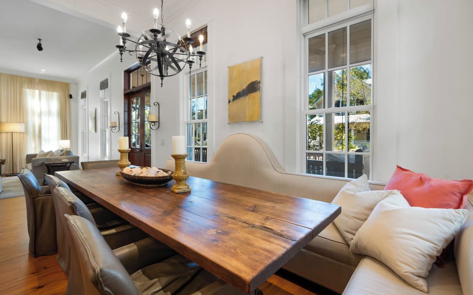 Gather around this stunning rustic dining table where memorable meals and conversations await your group.