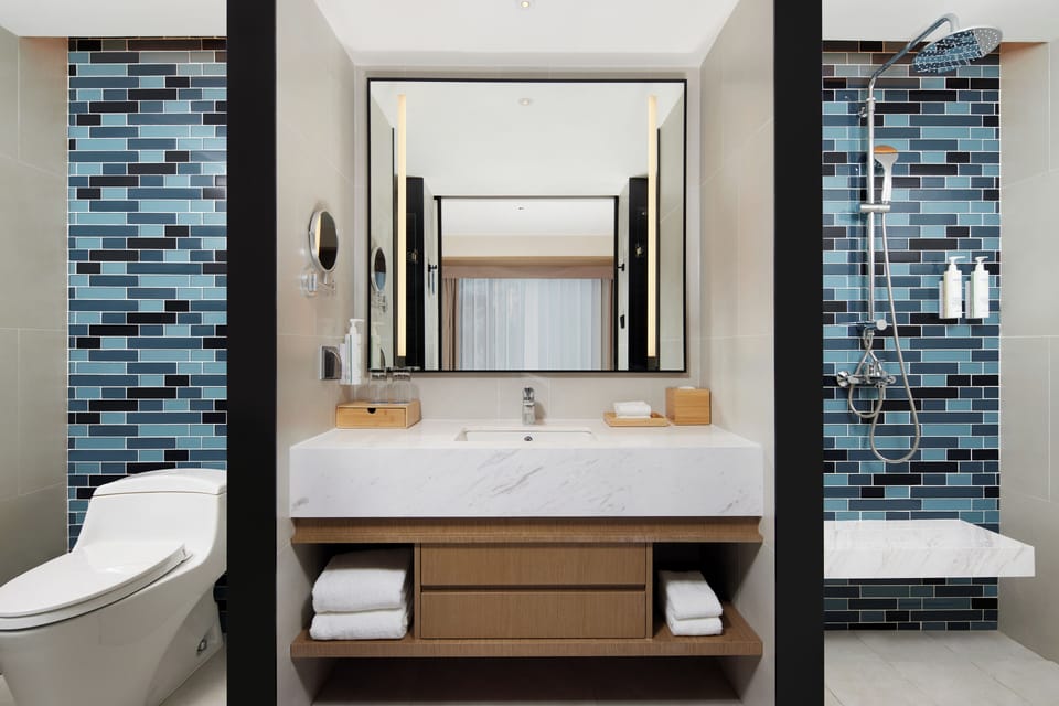Shower, rainfall showerhead, hair dryer, slippers