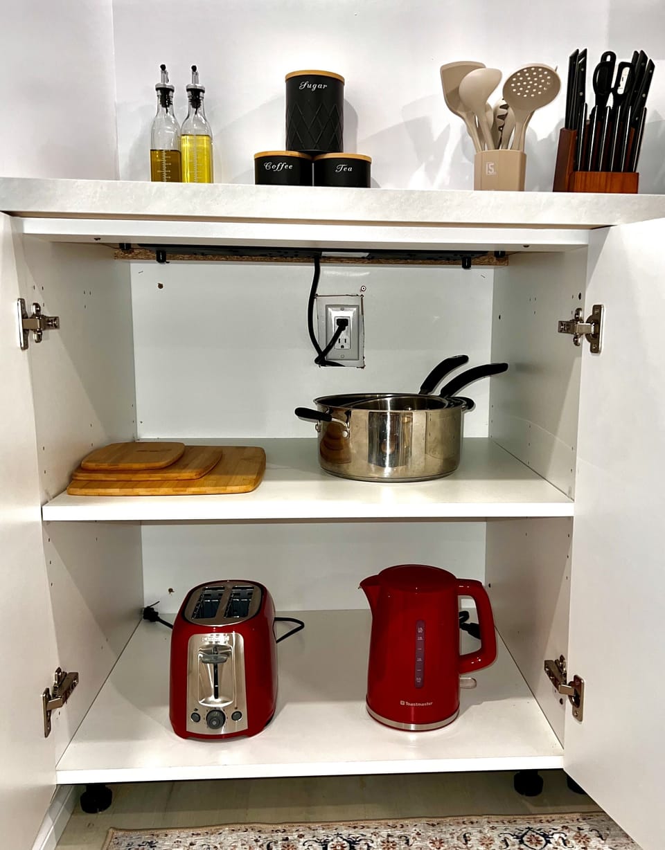 Kettle, microwave, toaster, and more.