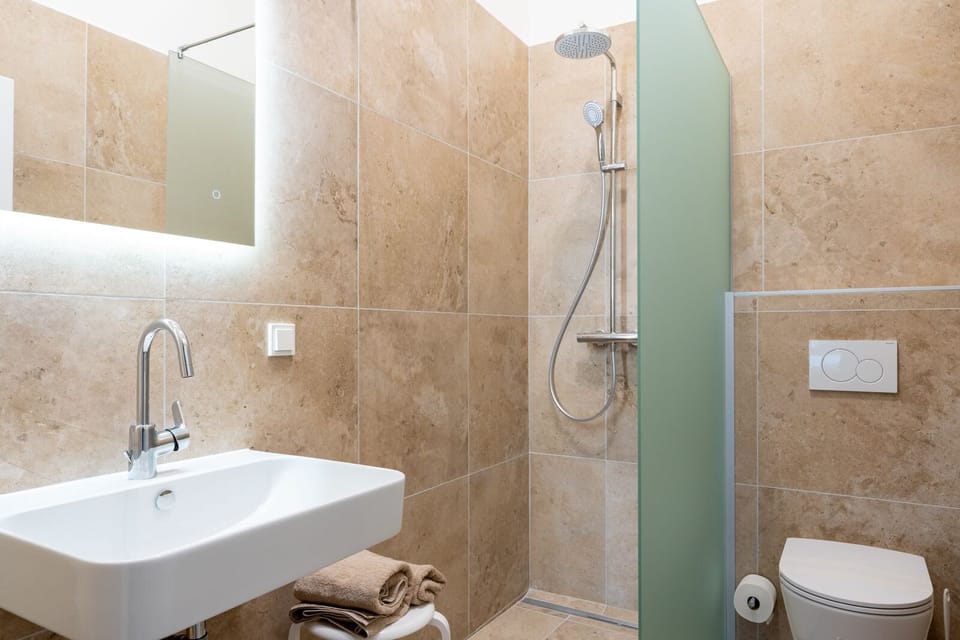 Shower, rainfall showerhead, hair dryer, slippers