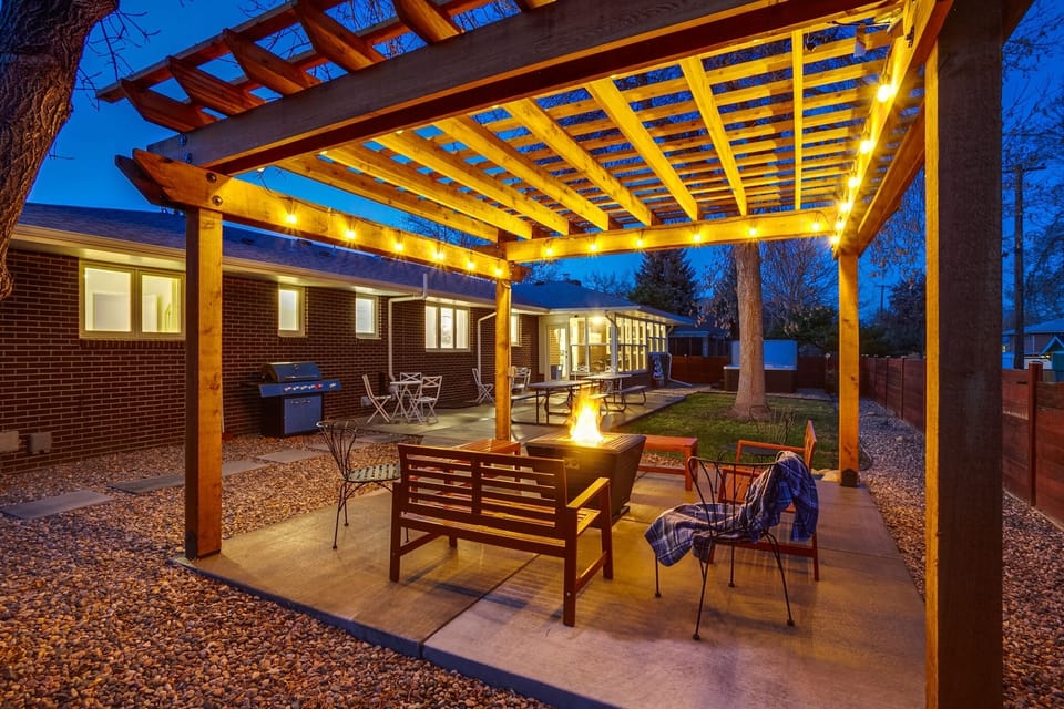 Large lighted pergola with gas fire pit, patio with gas grill & outdoor seating