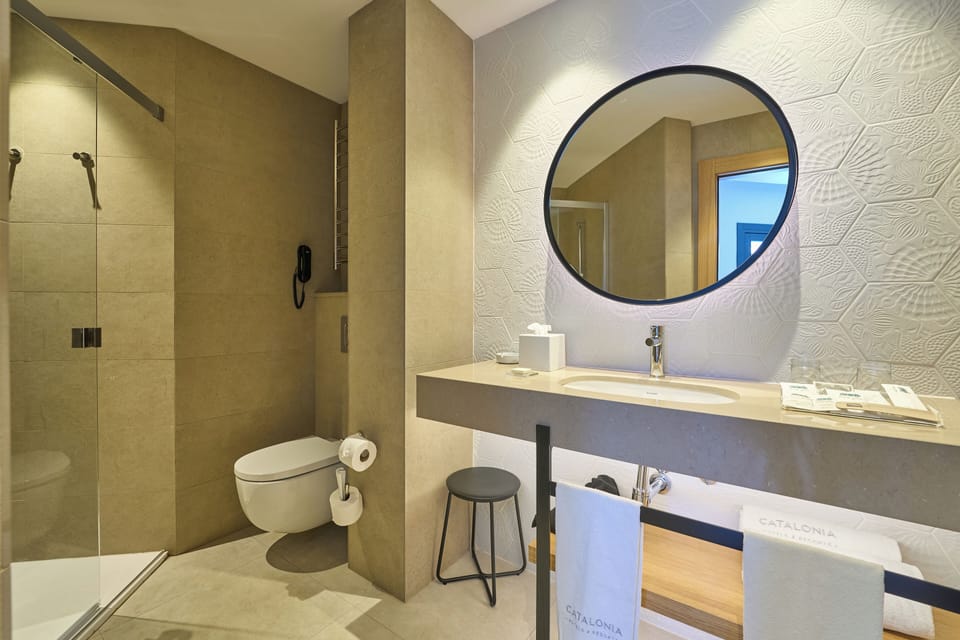 Eco-friendly toiletries, hair dryer, towels