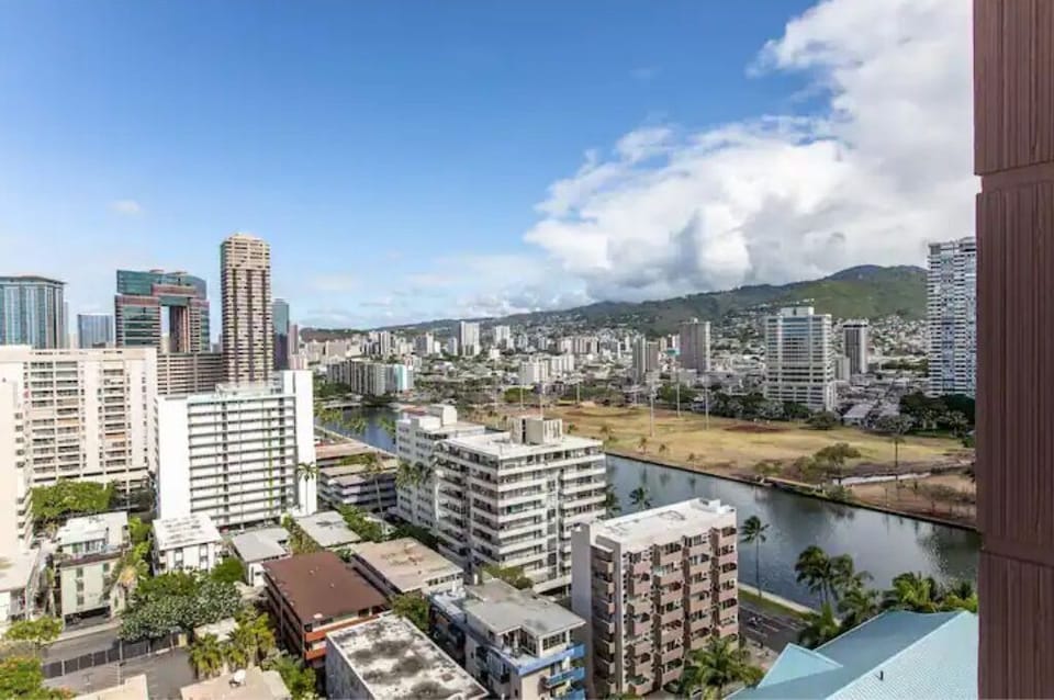 … to city lights and the Ala Wai Canal and beyond.