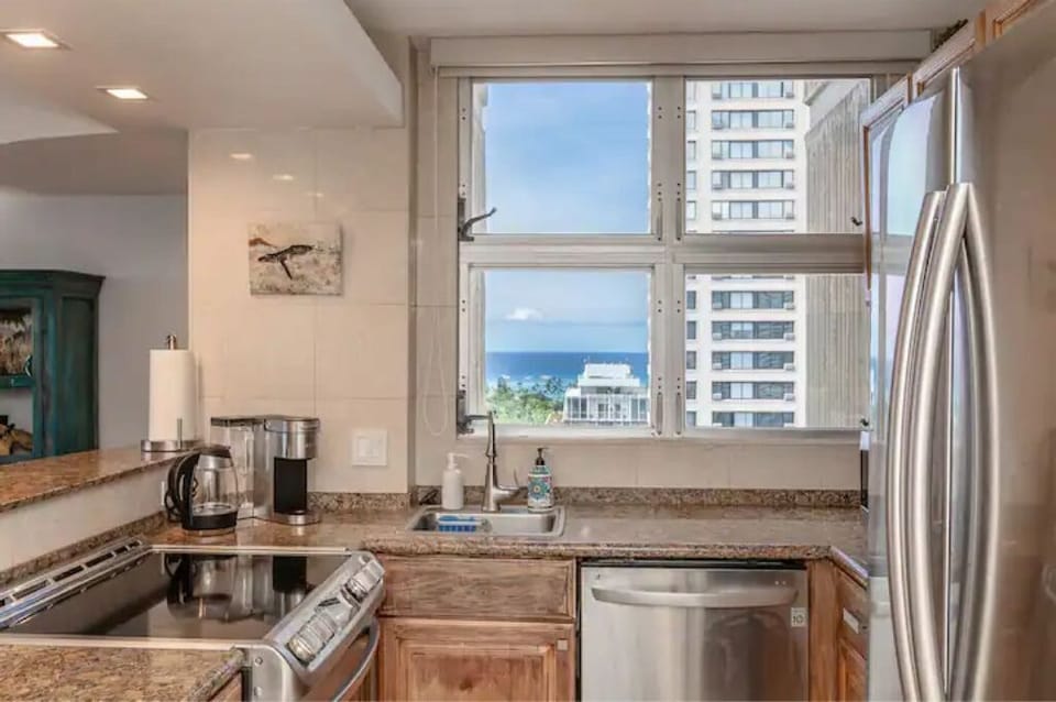 Fully-equipped kitchen with a view. Stove, Dishwasher, Microwave, Refrigerator.