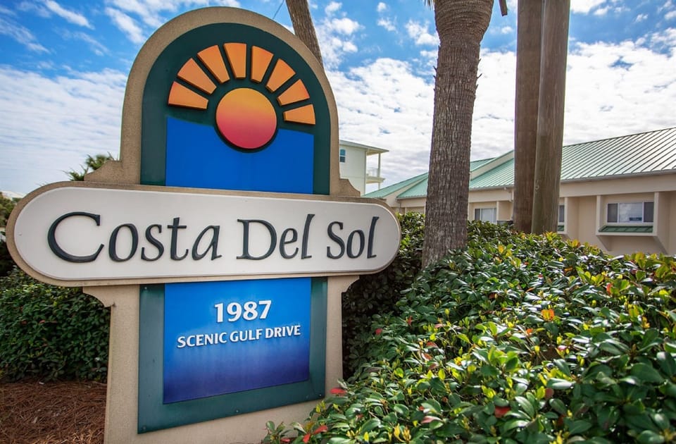 Costa Del Sol property entrance sign marks your arrival at this Scenic Gulf Drive destination.