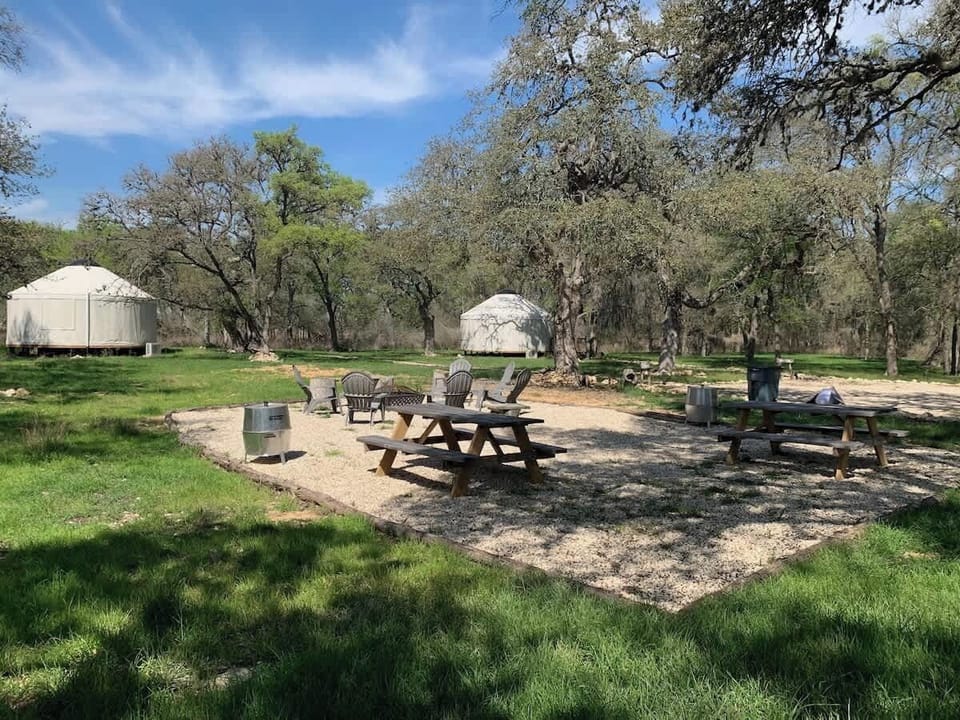 Community fire pit (firewood not provided).