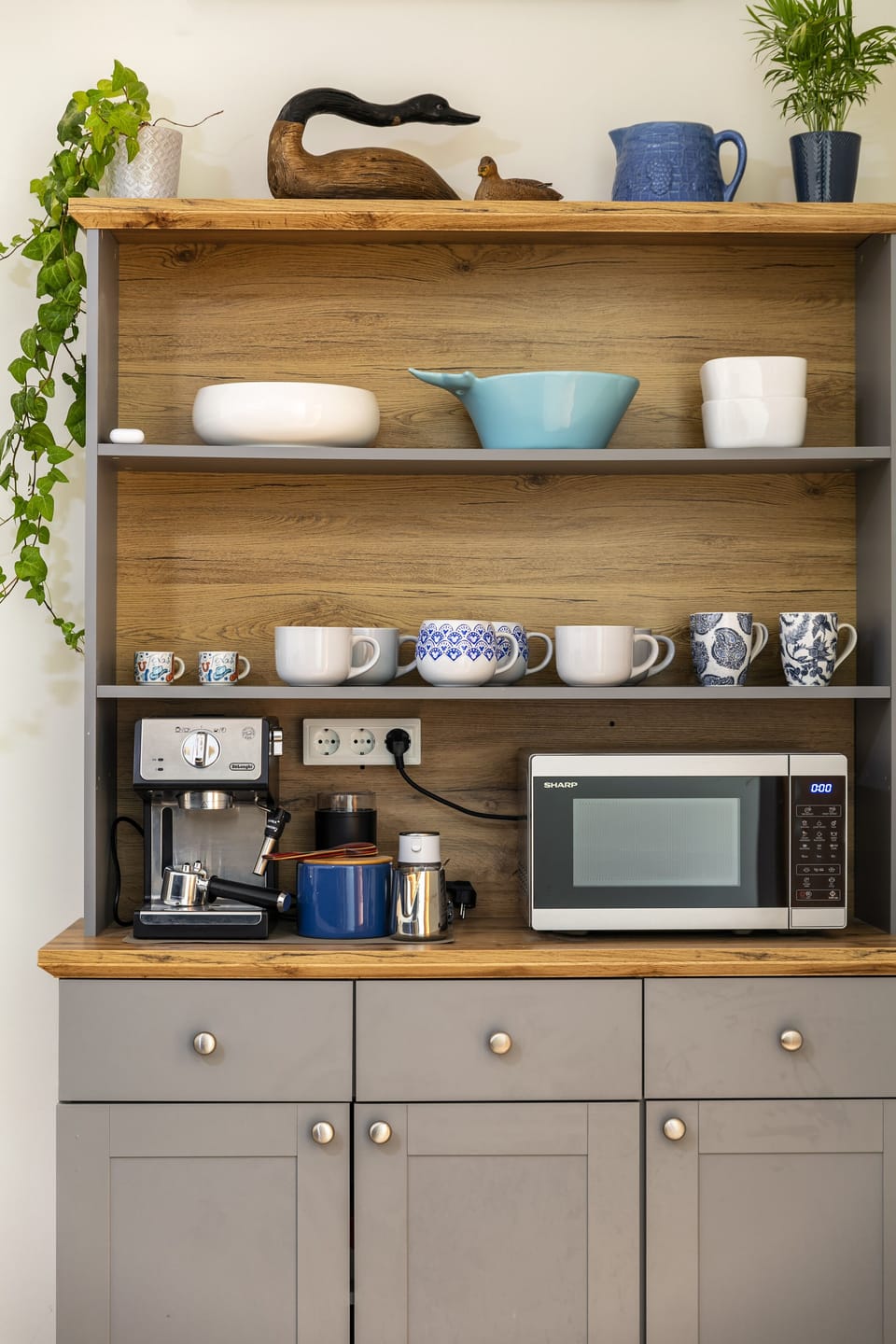 Barista coffee maker, and a microwave for your convenience.