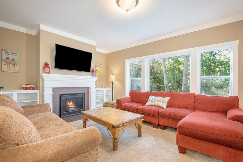 Smart TV with DirecTV and a seasonal gas fireplace