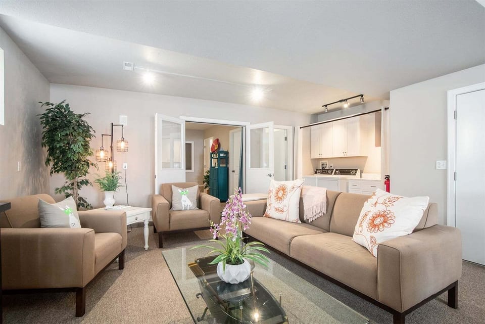 Lower level living room with a Smart TV