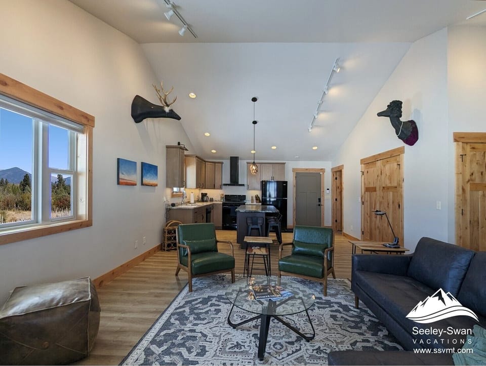Open great room with vaulted ceilings