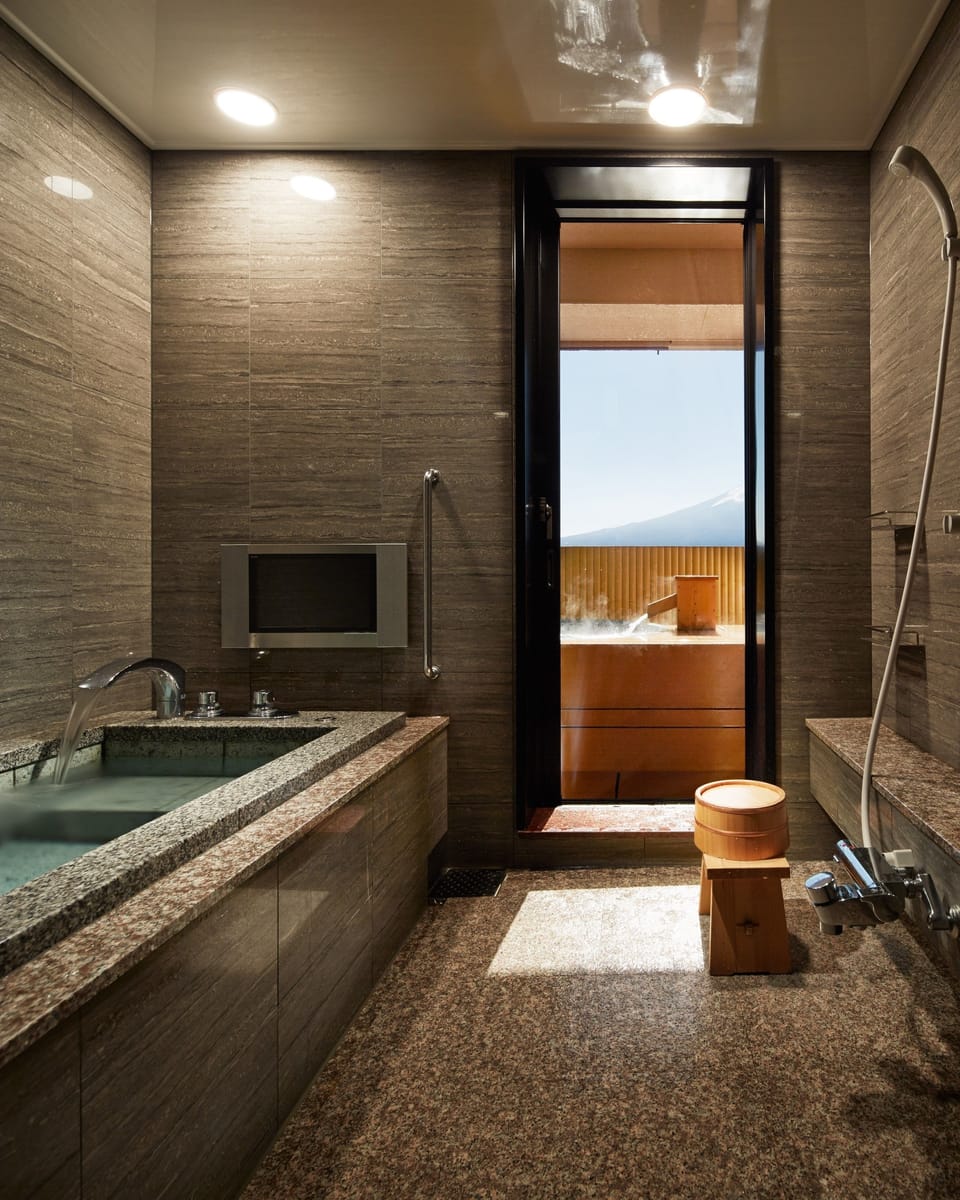 Japanese Western Style Deluxe Room with Open Air Bath, Mountain View (Type D) | Bathroom | Separate tub and shower, free toiletries, hair dryer, slippers