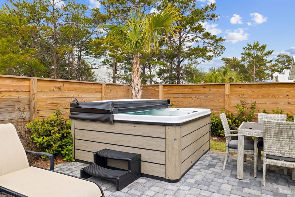 Relax, unwind, and rejuvenate in the hot tub under the stars at night.