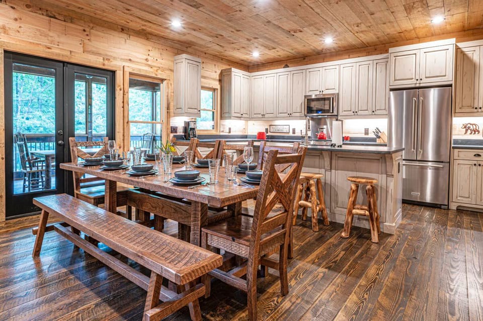 Large authentic barn wood dining table to comfortably seat 10 people