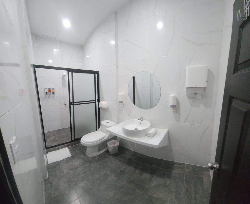 Shower, rainfall showerhead, towels, soap