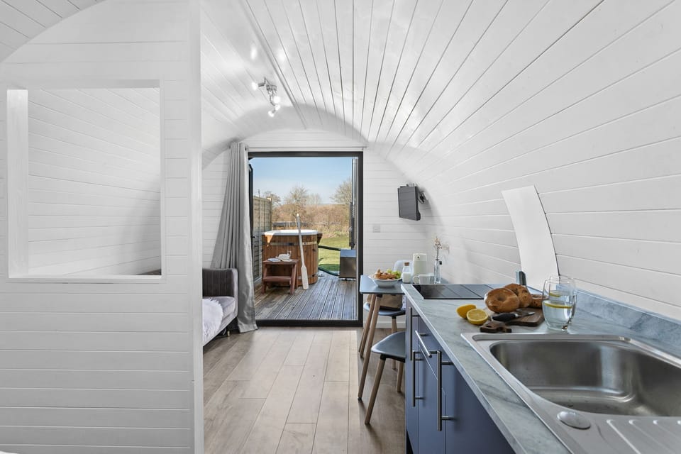 Kitchen work top with view to the river - Windsor Glamping Pod