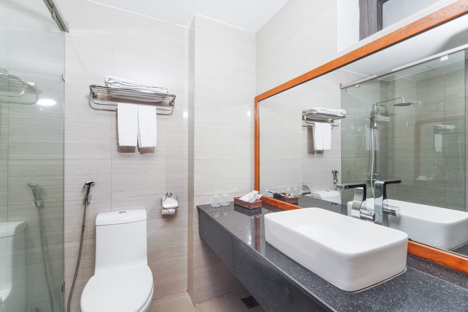 Shower, hydromassage showerhead, designer toiletries, hair dryer