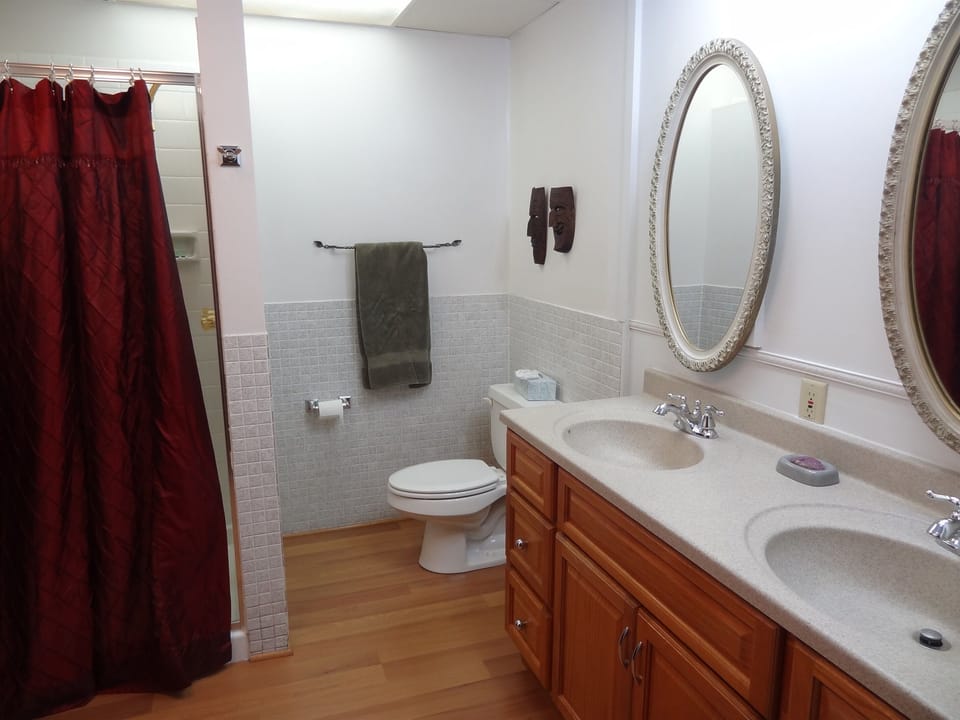 Master Bathroom. Double sink and shower unit.