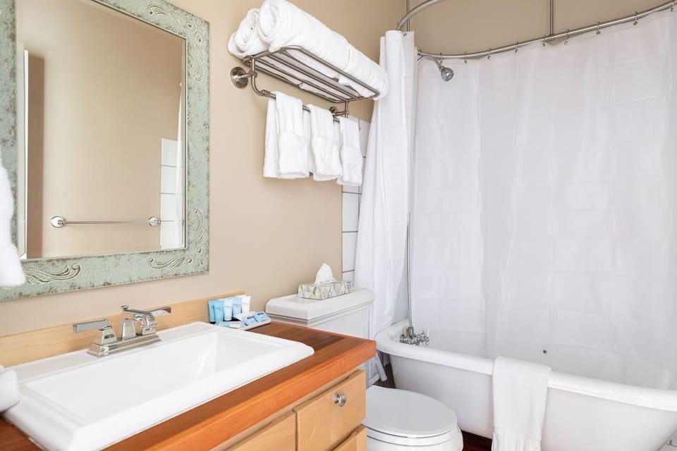 Hallway bathroom features clawfoot bath tub with shower